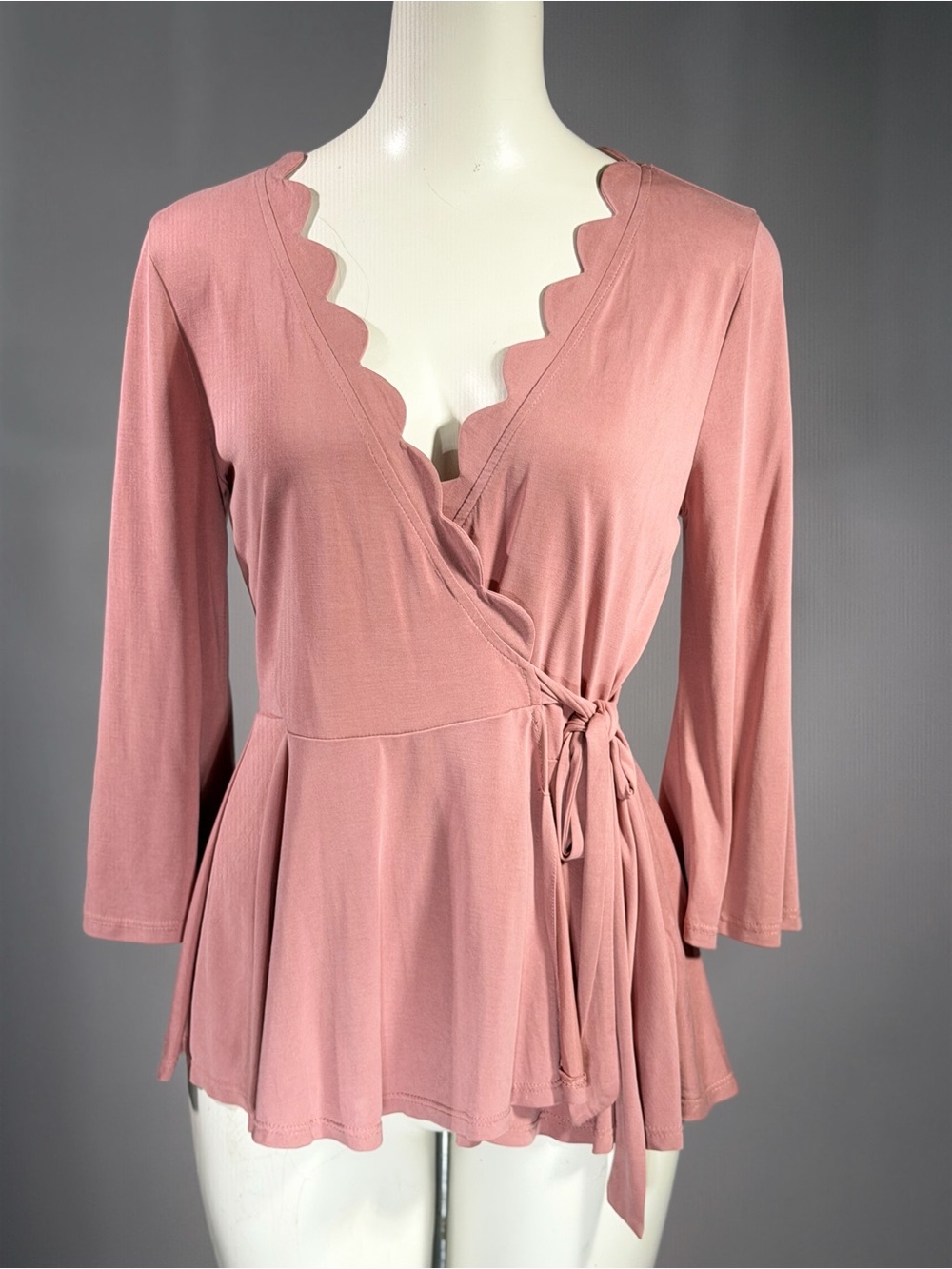 Scalloped V-Neck Wrap Blouse in Dusty Rose (r4)